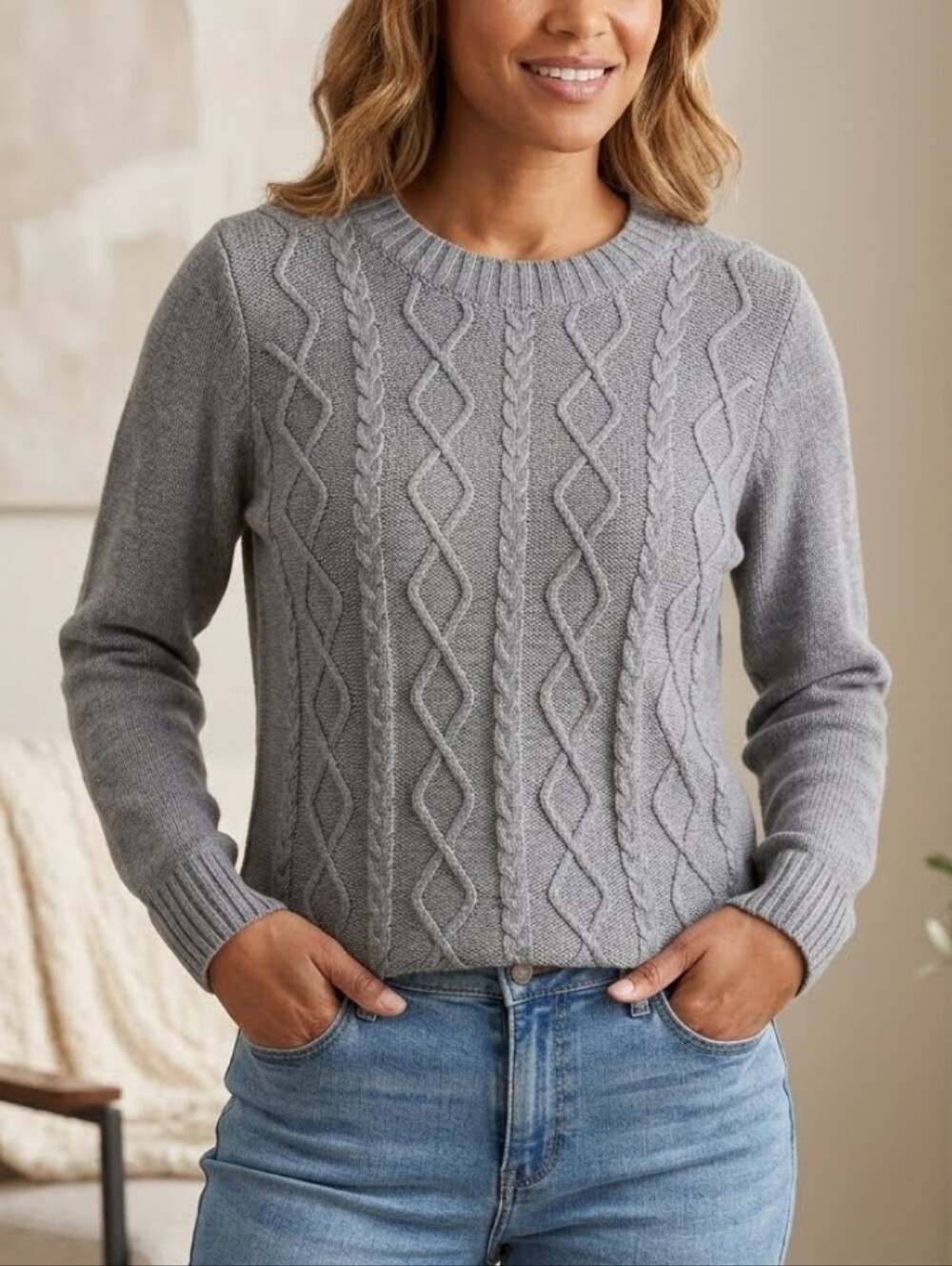 Susan Graver Cozy Cable Knit Crewneck Pullover Sweater